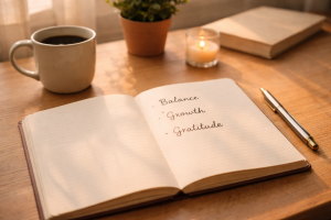 Happy New Year 2026: Embracing Fresh Starts Across Every Corner of Your Life 6 Happy New Year 2026 open notebook with handwritten words balance, growth, and gratitude in soft natural light