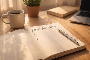 Happy New Year 2026: Embracing Fresh Starts Across Every Corner of Your Life 3 Happy New Year 2026 notebook on a desk with handwritten goals, coffee nearby, and soft natural morning light