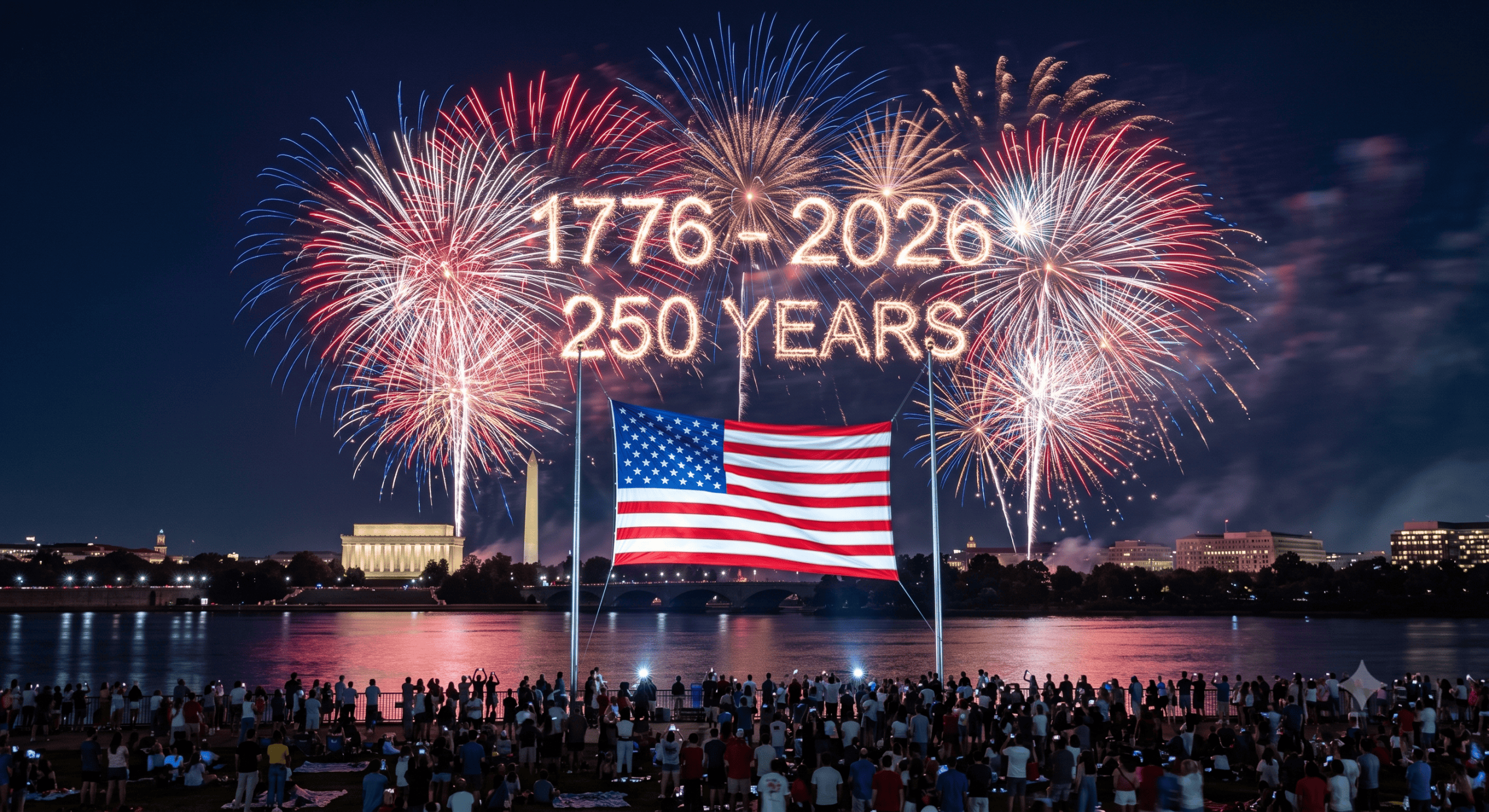 Independence Day 2026 Americas 250th Anniversary Bloggey Independence Day 2026 fireworks over an American flag marking America's 250th anniversary